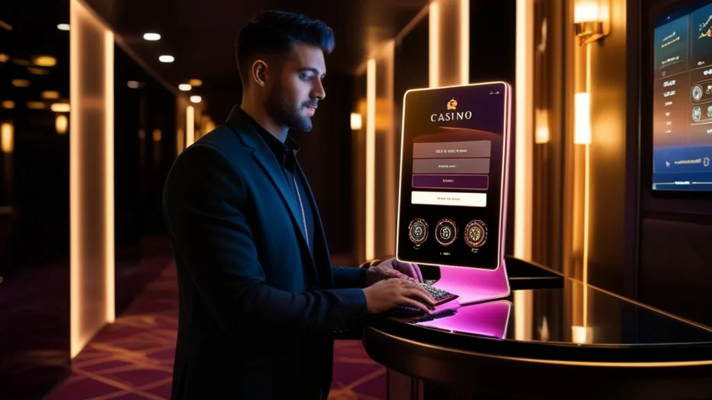 Utente davanti alla schermata di accesso in un casinò oscuro e luminoso