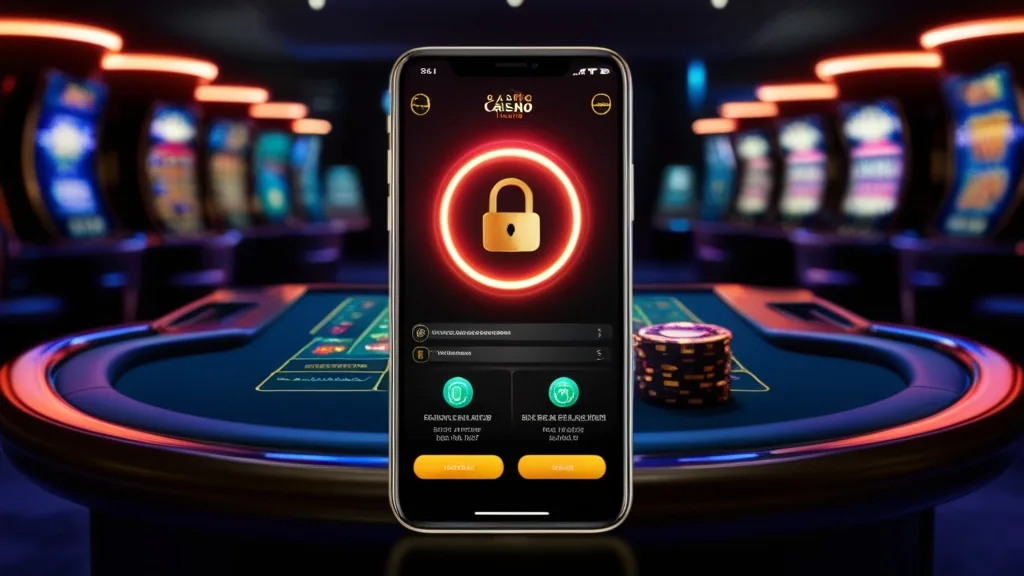 App di gioco su smartphone con elementi di sicurezza in un casinò scuro