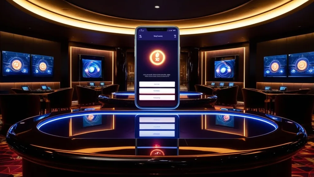 Telefono con schermata di download in un ambiente casino scuro