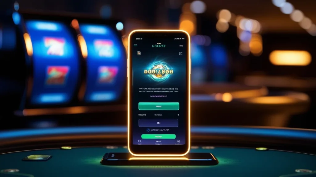 Smartphone con interfaccia mobile di gioco su tavolo da casino scuro